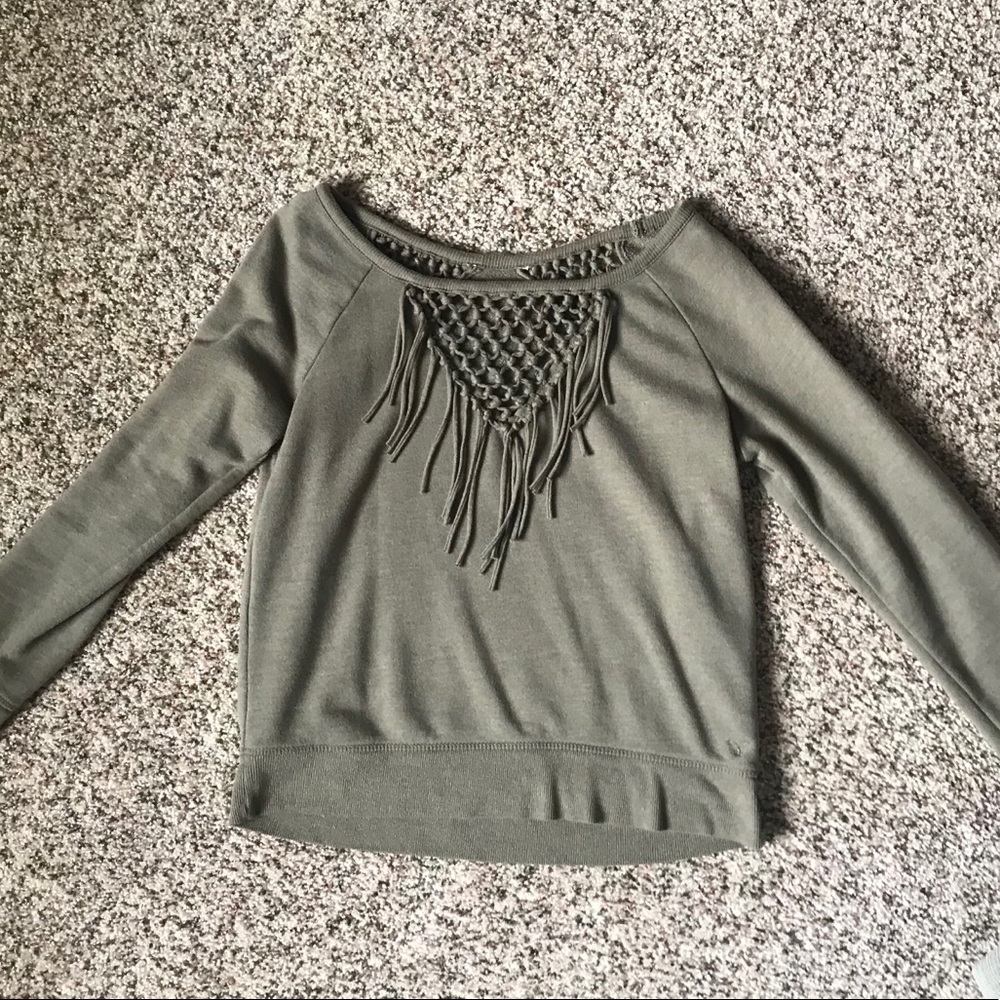 AEO Olive Macrame fringe sweater